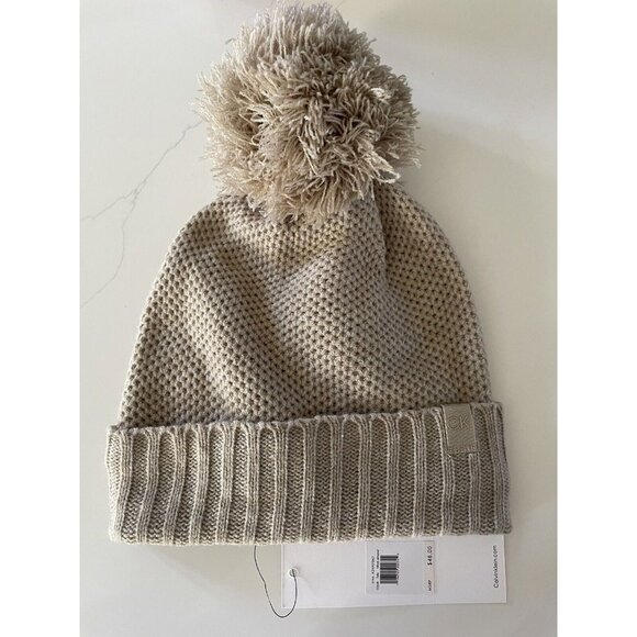 Calvin Klein Basket Stitch Knit Pom Beanie Hat Heathered Almond New! NWT - Picture 1 of 6
